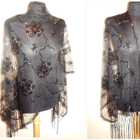 Shawl Sequin Lace Black Sheer Long Fringe NEW special occasion holiday scarf - Picture 1 of 6